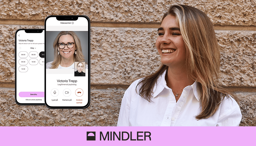 I förgrunden, Mindlers app, i bakgrunden mot en stenvägg står Sofie Gejler, Partnership Manager B2B Mindler.