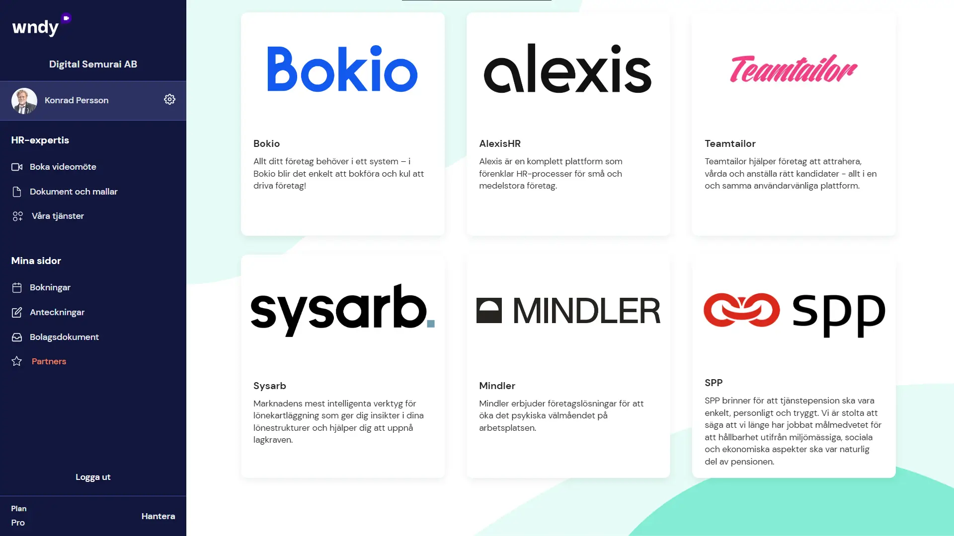 Partners listade inne i Wndy-appen. Bokio, alexis, teamtailor, sysarb, mindler, spp med flera.
