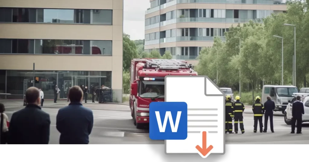 En brandbil utanför ett kontor - Ladda ner mall för Policy och krisplan, krishantering och första hjälpen